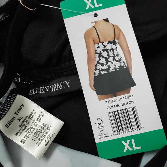 Women's Tankini Swimsuit XL Ellen Tracy Black Floral Swim Skirt Pocket - Picture 12 of 16